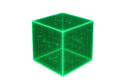 Green glowing cube rotating slowly on transparent background, perfect for any project needing a futuristic and technological feel