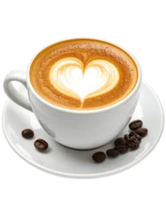 Fotobehang Koffiebar A white cup of coffee with a heart-shaped foam design sits on a saucer isolated on transparent background, surrounded by scattered coffee beans.  © Betty