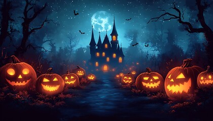 Spooky Halloween night with glowing jack o lanterns and haunted castle pumpkin