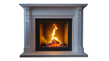 Close up of a white marble fireplace with a black interior and burning logs and bright orange flames isolated on transparent background