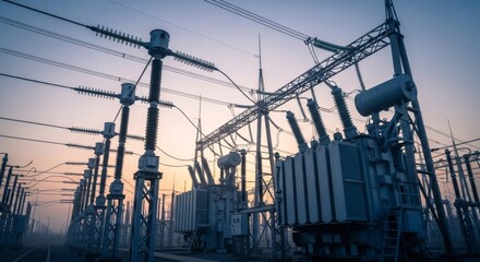 Power grid infrastructure with transformer substations and high voltage lines against sunset sky, depicting energy generation and distribution.