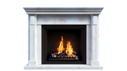 Close up of a white marble fireplace with a black interior and burning logs and bright orange flames isolated on transparent background