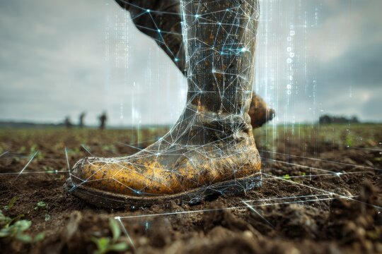Dirty boots walking in a field overlaid with a digital network