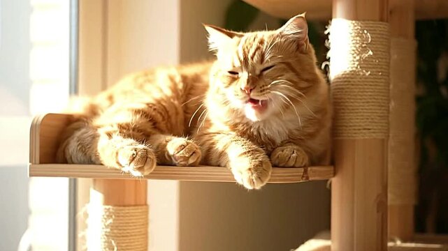 Orange cat yawns laying on a cat tree indoors