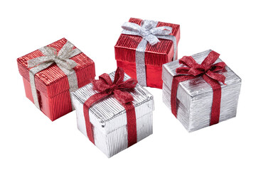 Obraz premium Four small, square gift boxes in red and silver, adorned with red and white ribbons and bows