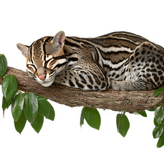 An ocelot cat sleeps peacefully on a tree branch with green leaves on transparent background