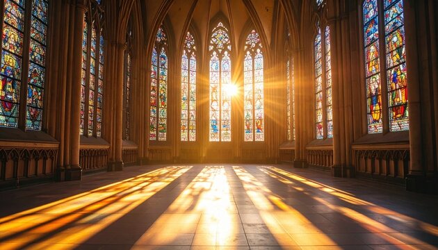 Sunlight Streaming Through Stained Glass Windows Illuminates Cathedral Interior