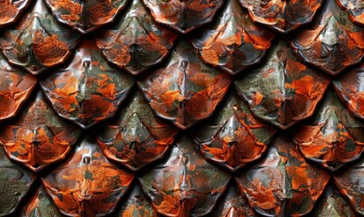Fototapeta premium Abstract organic scale pattern in orange and green with rough metallic texture
