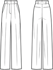 Front and back view of wide leg women trousers, cad flat sketch, vector fashion drawing template, technical clothing illustration