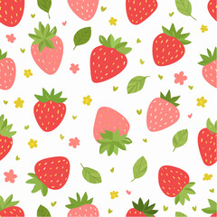 Cheerful Botanical Pattern of Strawberries with A Variety of Leaves and Tiny Flowers, Perfect for Children's Clothing and Spring Decor