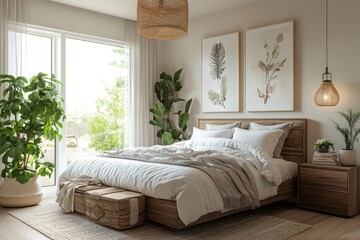 Fototapeta premium Morning mood in Scandinavian interior design for a modern bedroom, featuring soft natural light and minimalist furniture, Generative AI