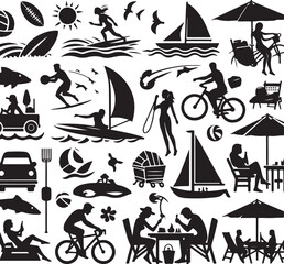 Vintage vector set of nautical and pirate sea travel icons with ship, boat, sun, and lighthouse illustrations, perfect for summer beach vacation patterns or ocean sketches