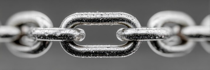 Close-up view of a metallic chain link showing detailed texture and droplets on a gray background