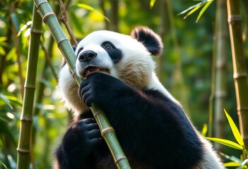 Obraz premium A playful giant panda leans against a sunlit bamboo stalk in a verdant forest, happy panda, giant panda bear