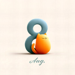 Stylized orange cat leaning against a teal number 8 balloon with ‘Aug.’ script beneath, set against a clean ivory background.
