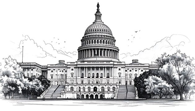Pen-and-ink sketch of a majestic capitol building, showcasing its grandeur and architectural details against a lightly sketched landscape