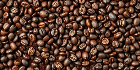 Obraz premium Dark roasted coffee beans and grounds, rich textures, food, ingredient