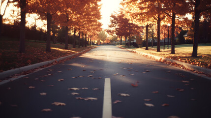 Autumnal Road Lined with Trees Bathed in Golden Sunlight Leafy Pathway