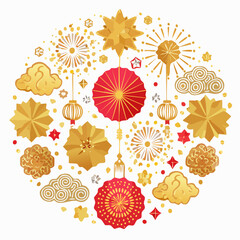 Luxurious Collection of Chinese Gold Decor Elements with Traditional Flowers, Fireworks, and Lanterns, Suitable for Celebrations, Invitations, and Cultural Artwork
