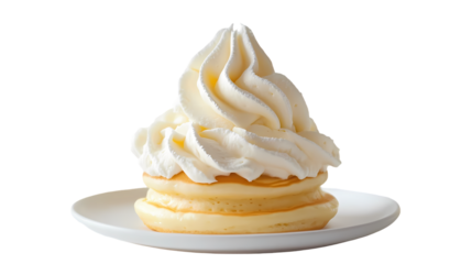 A close up of a pancake with a generous topping of whipped cream isolated on transparent background