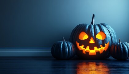 Three carved Halloween pumpkins glowing with orange light on a dark floor jack o lantern