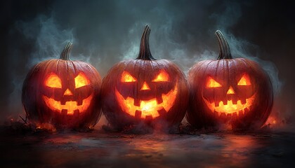Three glowing jack o lantern pumpkins with spooky smoke and fire halloween scary