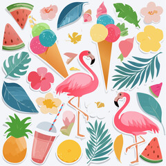 Bright and Playful Set of Vacation Icons Featuring Flamingos, Beach Balls, Summer Fruits, and Tropical Nature Elements, Perfect for creative crafts, social media, and holiday decor
