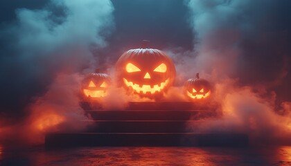 Three glowing jack o lanterns on dark stairs surrounded by orange and blue smoke halloween
