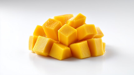 Pile of fresh ripe diced mango cubes isolated on a white background