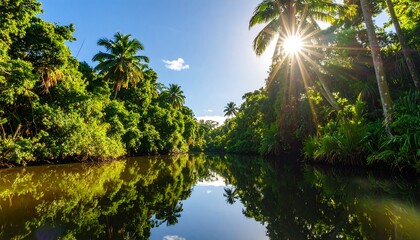 Obraz premium Calm river reflects lush, sun-drenched tropical foliage