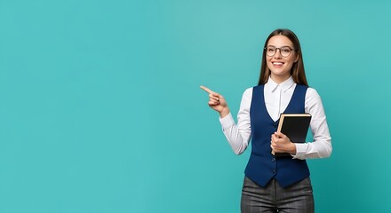 Young Woman Holding Book and Pointing to the Left