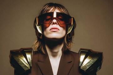 Futuristic woman wearing angular armor and oversized visor glasses