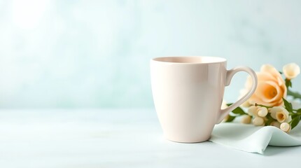 Cup of coffee and flowers on light blue background, closeup.