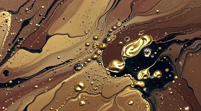 a close-up macro shot of viscous fluid in motion, swirling patterns of brown, gold, and black colors, intricate fluid dynamics, oil and water, abstract organic textures, 4K and HD video