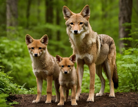 A coyote family portrait shows a mother and two adorable pups standing together in a lush green forest setting. wolf in the woods.