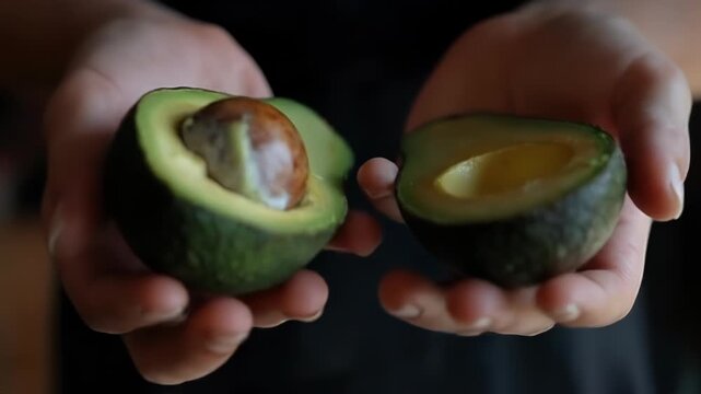 Fresh avocado presentation highlighting texture and natural color in human hands, healthy