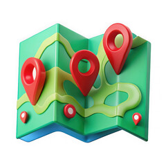 Cartoon map with location pins isolated on transparent background