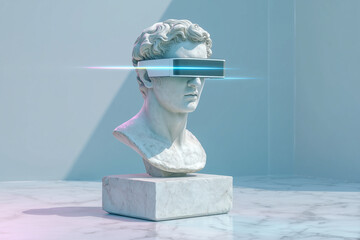 Classical marble bust wearing futuristic VR headset in minimalistic setting