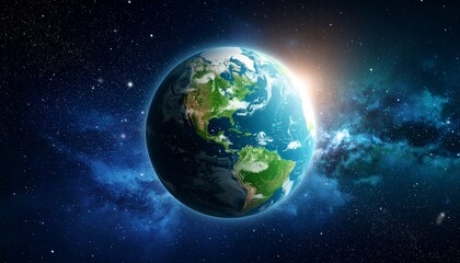 Earth Globe floating among stars in a cosmic setting. on Vibrant with Sunlight and Clear Blue Sky.