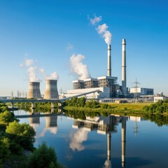 Industrial power plant emitting steam into the blue sky with a reflective river in the foreground