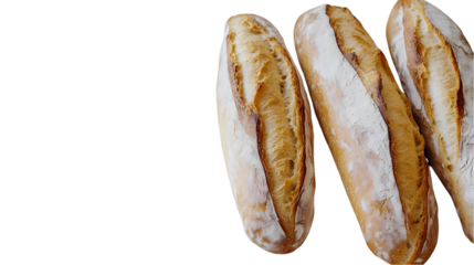 A close up shot of three baguettes isolated on transparent background
