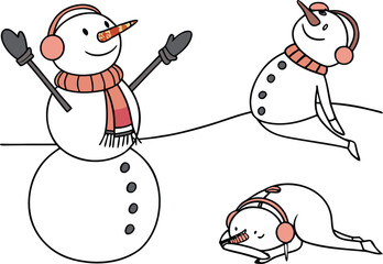 A cheerful cartoon snowman with a broom and hat celebrates the winter holiday season with a smile