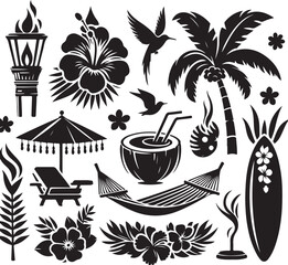 Tropical island icon set with palm trees beach and summer elements