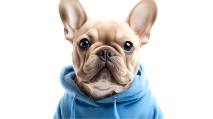 Keuken achterwand Franse bulldog Close up of a french bulldog wearing a blue hoodie looking directly at the camera isolated on transparent background  © RanaG