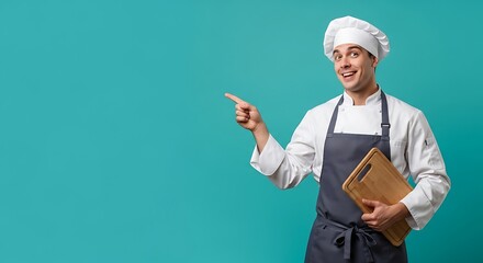 Excited Chef Points to Something Interesting While Holding a Cutting Board