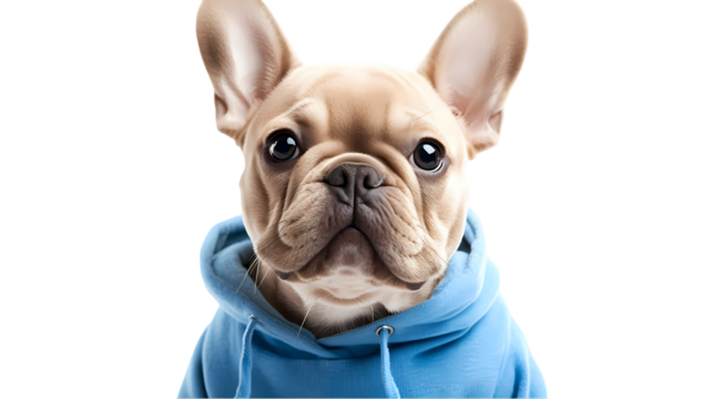 Close up of a french bulldog wearing a blue hoodie looking directly at the camera isolated on transparent background