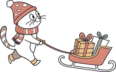 A fun Christmas vector cartoon illustration of Santa Claus giving a red gift box to a funny cat with a festive winter hat
