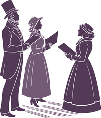 Cartoon illustration of a dancing bride and groom silhouette in elegant wedding attire
