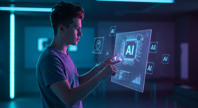 A young man interacting with a futuristic AI interface, touching a holographic display.
