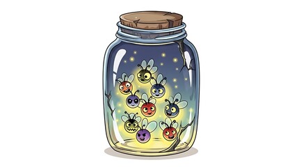 Cartoon jar filled with glowing fireflies featuring various expressions and colors on a white background